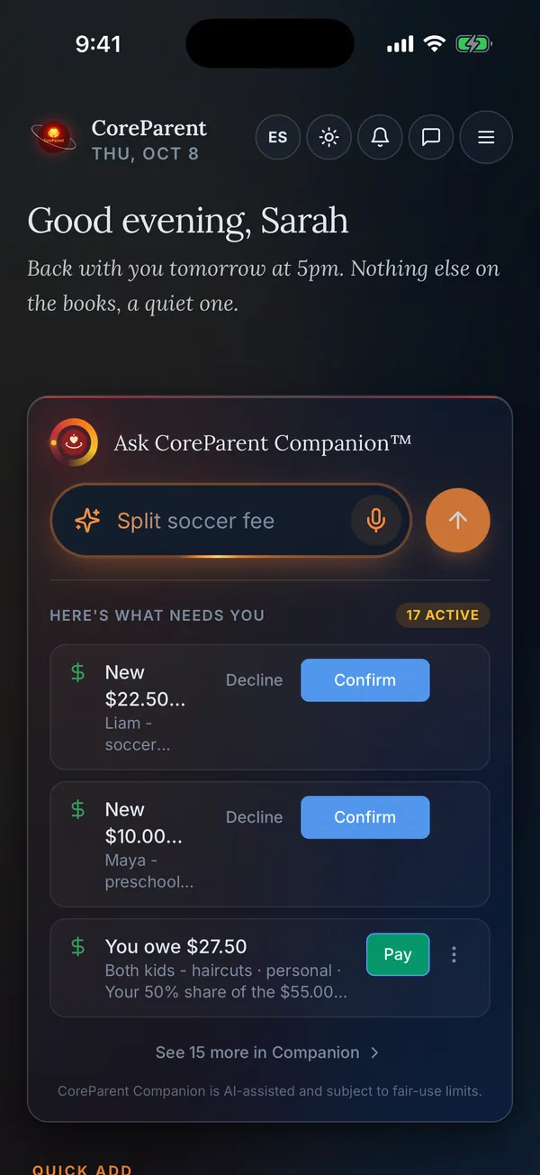 The new CoreParent home on iPhone: a greeting, Ask Companion, and what needs you today