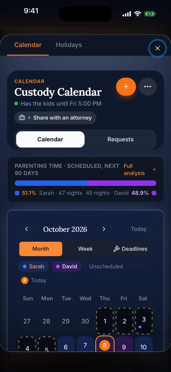 Custody calendar on iPhone showing a parenting-time split and the month view