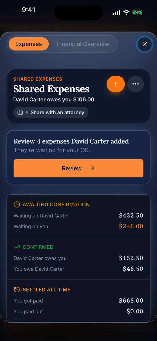 Shared expenses on iPhone with items to review and balances
