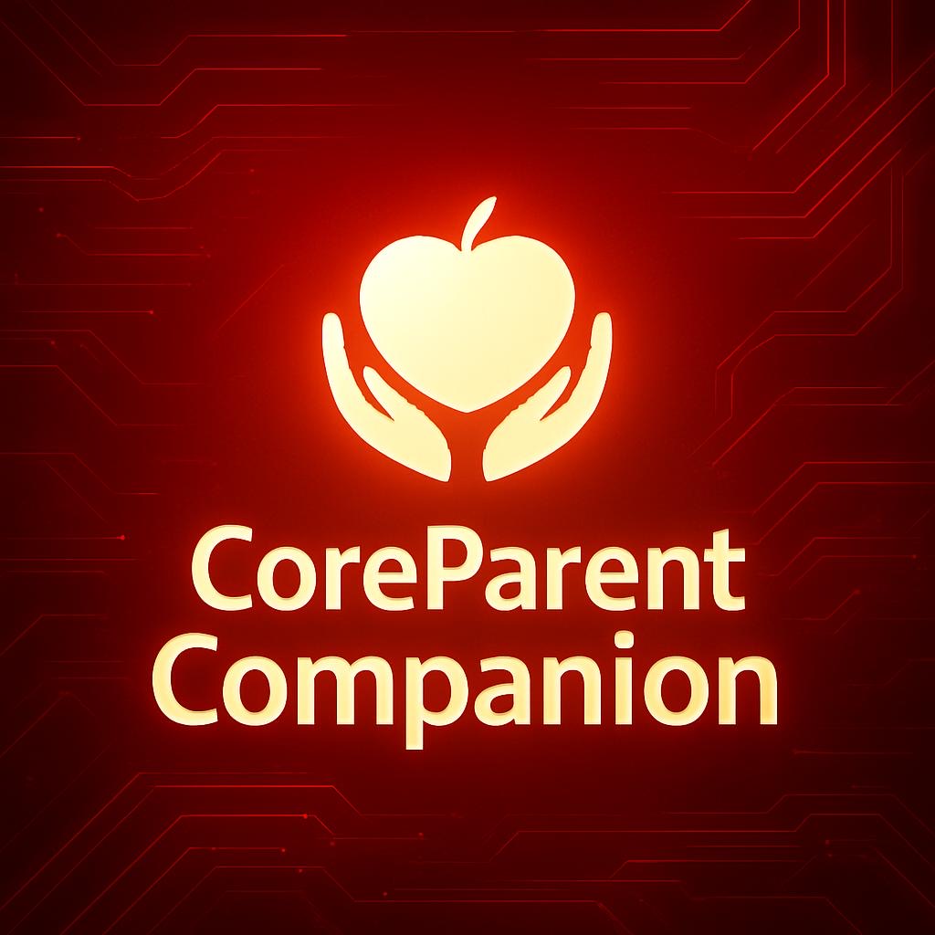 Logo de CoreParent Companion — una manzana entre manos sobre un fondo rojo de circuito